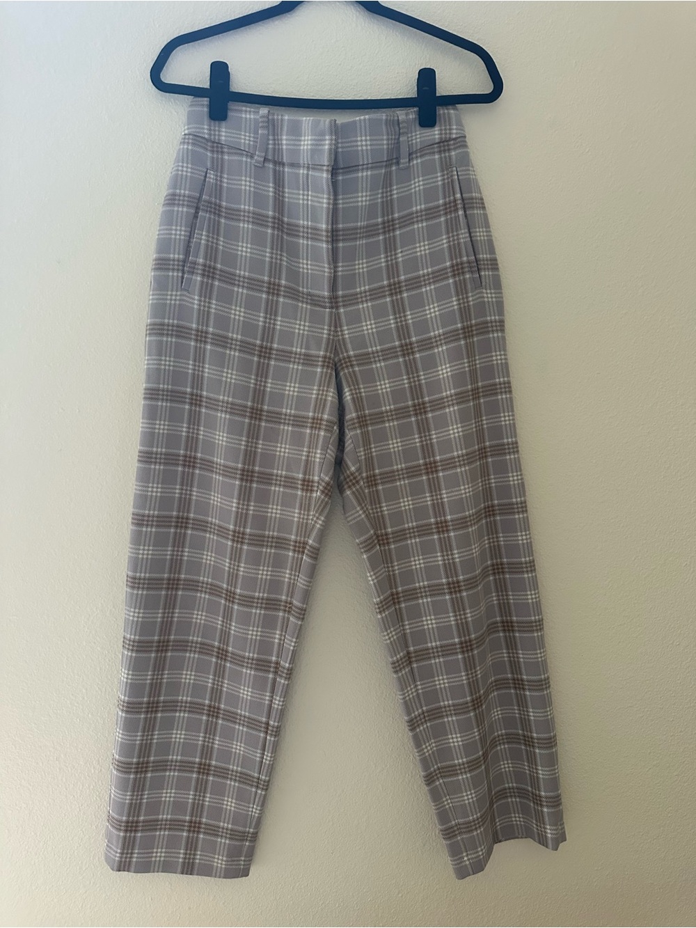 Wilfred Plaid Dress Pants in Lavender, white, brown.